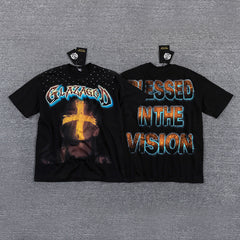 Glazagod Golden Cross Blessed In The Vision Double‑Sided Graphic Print Crew Neck Streetwear T‑Shirt