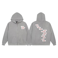 Vintage Light Grey Diagonal Stacked Letter Print Full‑Zip Hoodie