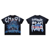 Chaos Mountain Black‑Washed Double‑Sided Graphic Print Crew‑Neck Streetwear T‑Shirt