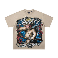 Vintage Tempted Angel Beige Vintage‑Washed Double‑Sided Graphic Print Crew‑Neck Streetwear T‑Shirt
