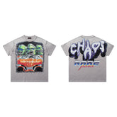 Chaos Race Car Grey Washed Double‑Sided Graphic Print Crew‑Neck Streetwear T‑Shirt