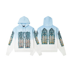 Vintage Blue‑White Gradient Church Stained‑Glass Tapestry Full‑Zip Hoodie