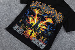 HVM Harmony Golden Flame Figure Black Double‑Sided Graphic Print Crew Neck Streetwear T‑Shirt