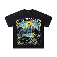 Supply Dreams Black‑Washed Double‑Sided Graphic Print Crew‑Neck Streetwear T‑Shirt