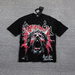Red Thorn Screaming Portrait Double‑Sided Graphic Print Crew Neck Streetwear T‑Shirt