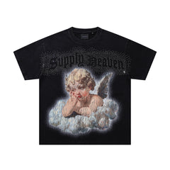 Vintage Cloud Cherub Black Vintage‑Washed Double‑Sided Graphic Print Crew‑Neck Streetwear T‑Shirt