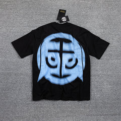 Glazagod Blue Abstract Demon Mask Double‑Sided Graphic Print Crew Neck Streetwear T‑Shirt