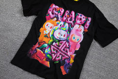 HVM Harmony Psychedelic Cartoon Character Black Double‑Sided Graphic Print Crew Neck Streetwear T‑Shirt