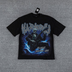 HVM Harmony Blue Thunder Figure Black Double‑Sided Graphic Print Crew Neck Streetwear T‑Shirt