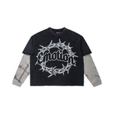 Thorn Letter Graphic Fake Two‑Piece Long Sleeve T‑Shirt Streetwear Top