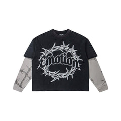 Thorn Letter Graphic Fake Two‑Piece Long Sleeve T‑Shirt Streetwear Top