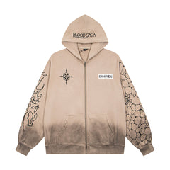 Vintage Gradient Wolf Graphic Full‑Zip Hoodie