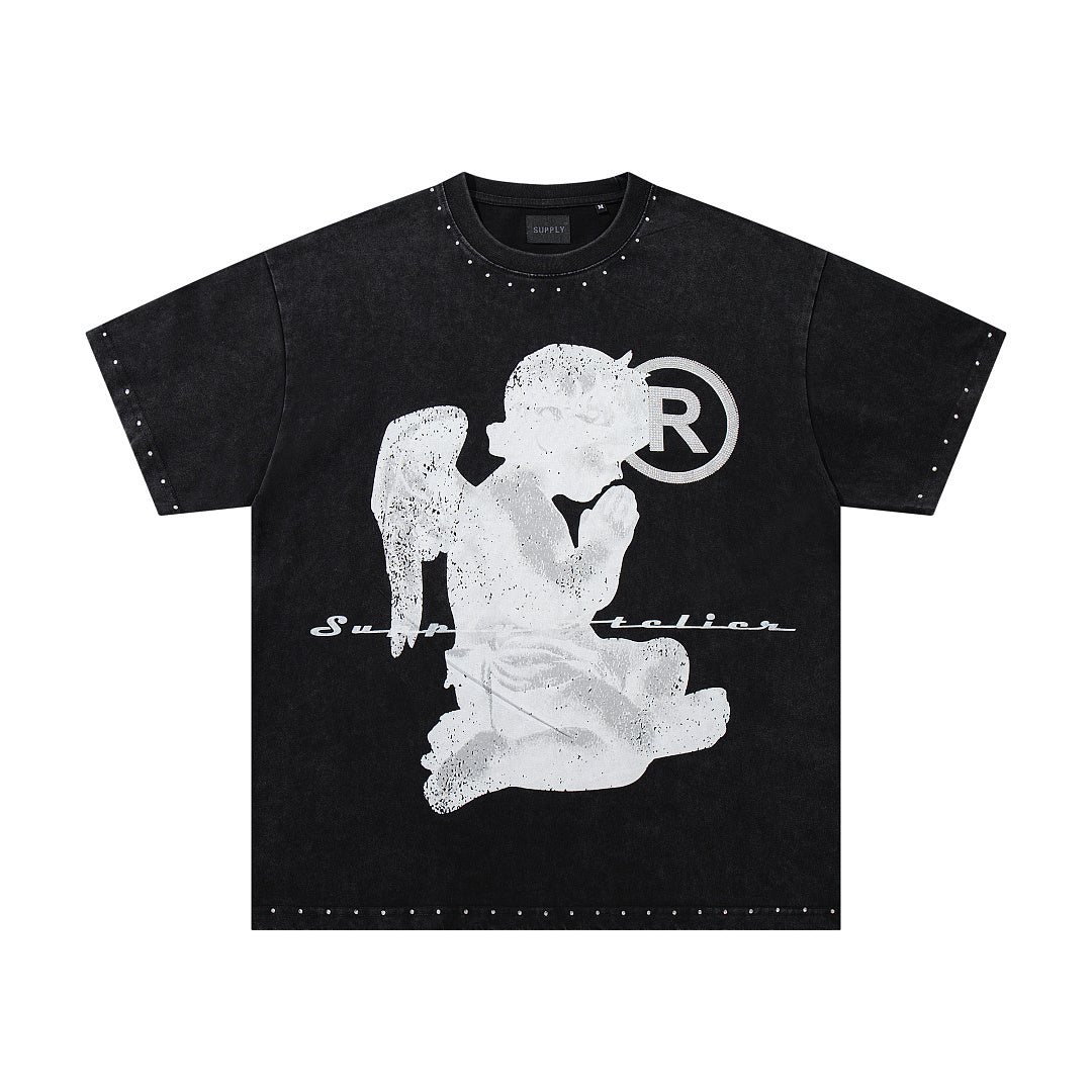 Vintage Kneeling Angel Black Double‑Sided Graphic Print Crew‑Neck Streetwear T‑Shirt