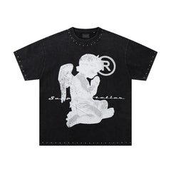 Vintage Kneeling Angel Black Double‑Sided Graphic Print Crew‑Neck Streetwear T‑Shirt