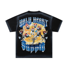 World Might Survive Black‑Washed Double‑Sided Graphic Print Crew‑Neck Streetwear T‑Shirt