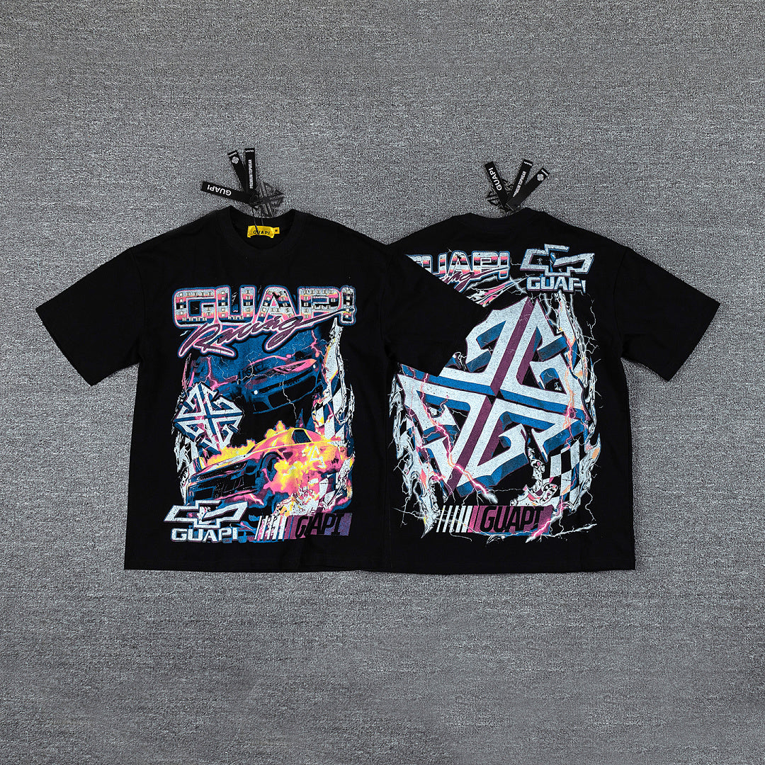 Retro Racing Car Double‑Sided Graphic Print Crew Neck Streetwear T‑Shirt