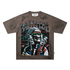 Vintage Brown Native Portrait Double‑Sided Graphic Print Crew Neck Streetwear T‑Shirt