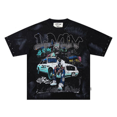 Livin My Life Car Hip‑Hop Double‑Sided Graphic Print Crew Neck Streetwear T‑Shirt