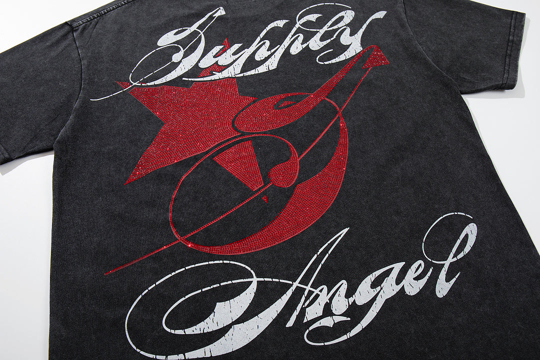 Vintage Tempted Angel Black Double‑Sided Graphic Print Crew‑Neck Streetwear T‑Shirt