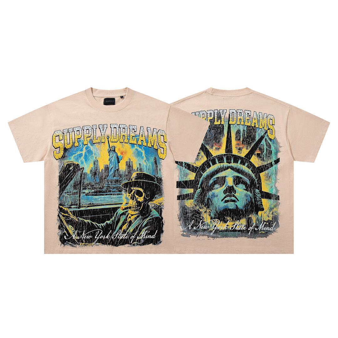 Statue Of Liberty Beige Vintage‑Washed Double‑Sided Graphic Print Crew‑Neck Streetwear T‑Shirt