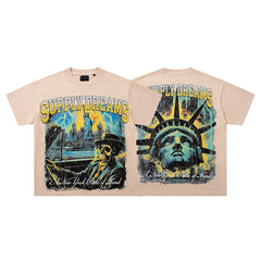 Statue Of Liberty Beige Vintage‑Washed Double‑Sided Graphic Print Crew‑Neck Streetwear T‑Shirt