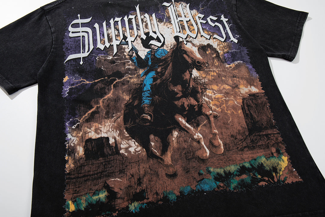 Vintage Cowboy Warrior Black Vintage‑Washed Double‑Sided Graphic Print Crew‑Neck Streetwear T‑Shirt