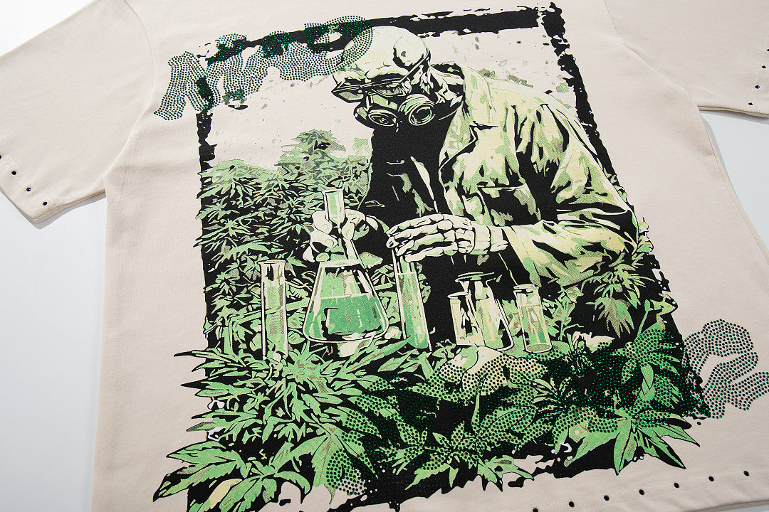 Green Skull Warrior Beige Vintage‑Washed Double‑Sided Graphic Print Crew‑Neck Streetwear T‑Shirt