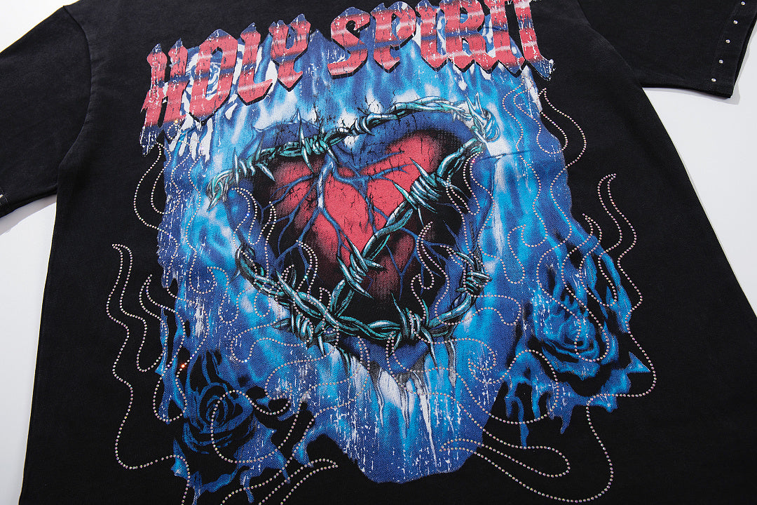 Melting Heart Black Vintage‑Washed Double‑Sided Graphic Print Crew‑Neck Streetwear T‑Shirt