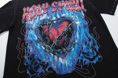 Melting Heart Black Vintage‑Washed Double‑Sided Graphic Print Crew‑Neck Streetwear T‑Shirt