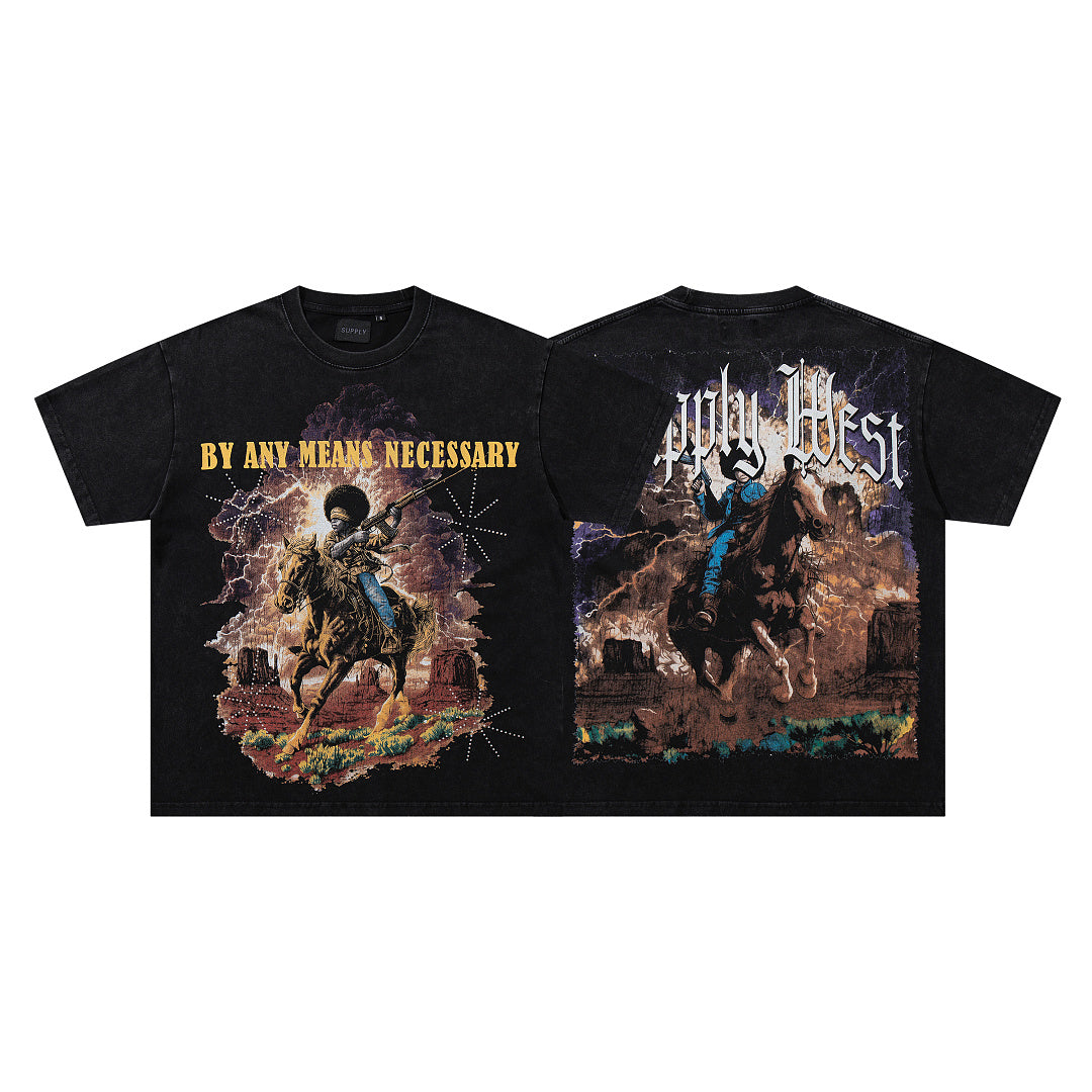 Vintage Cowboy Warrior Black Vintage‑Washed Double‑Sided Graphic Print Crew‑Neck Streetwear T‑Shirt