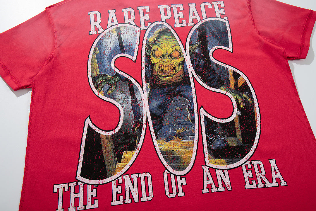 Rare Peace SOS The End Of An Era Red‑Washed Double‑Sided Graphic Print Crew‑Neck Streetwear T‑Shirt