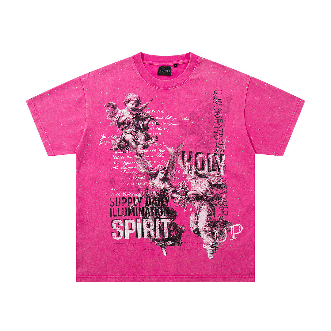 Spirit Angel Hot‑Pink Vintage‑Washed Double‑Sided Graphic Print Crew‑Neck Streetwear T‑Shirt