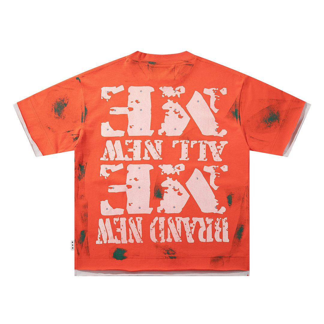 Orange Washed Figure Portrait Double‑Sided Graphic Print Crew Neck Streetwear T‑Shirt