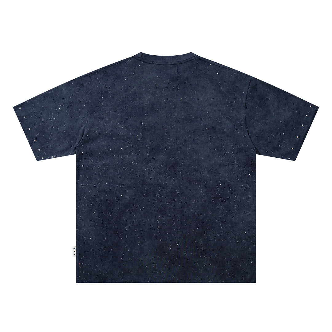 Forever Star‑Accented Dark Blue Hip‑Hop Portrait Double‑Sided Graphic Print Crew Neck Streetwear T‑Shirt