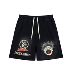 Dark Street‑Style Graphic‑Print Drawstring Summer Shorts