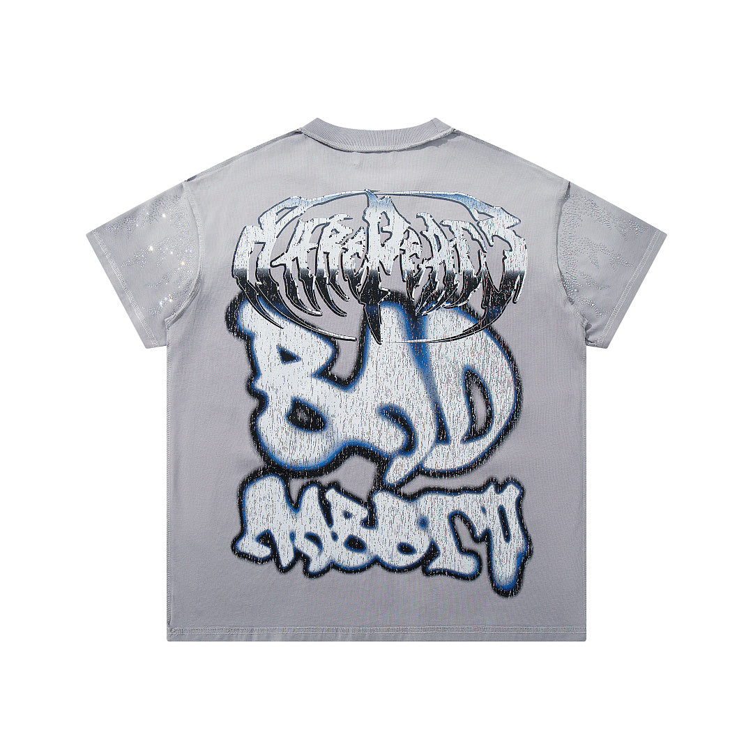 Rare Peace Bad‑Rabbit Grey‑Washed Double‑Sided Graphic Print Crew‑Neck Streetwear T‑Shirt