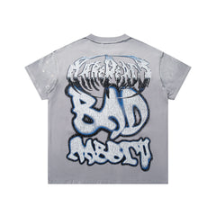 Rare Peace Bad‑Rabbit Grey‑Washed Double‑Sided Graphic Print Crew‑Neck Streetwear T‑Shirt