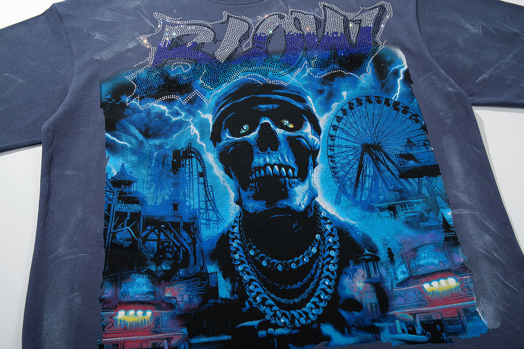 Sweep Sins Away Blue‑Toned Portrait Double‑Sided Graphic Print Crew Neck Streetwear T‑Shirt