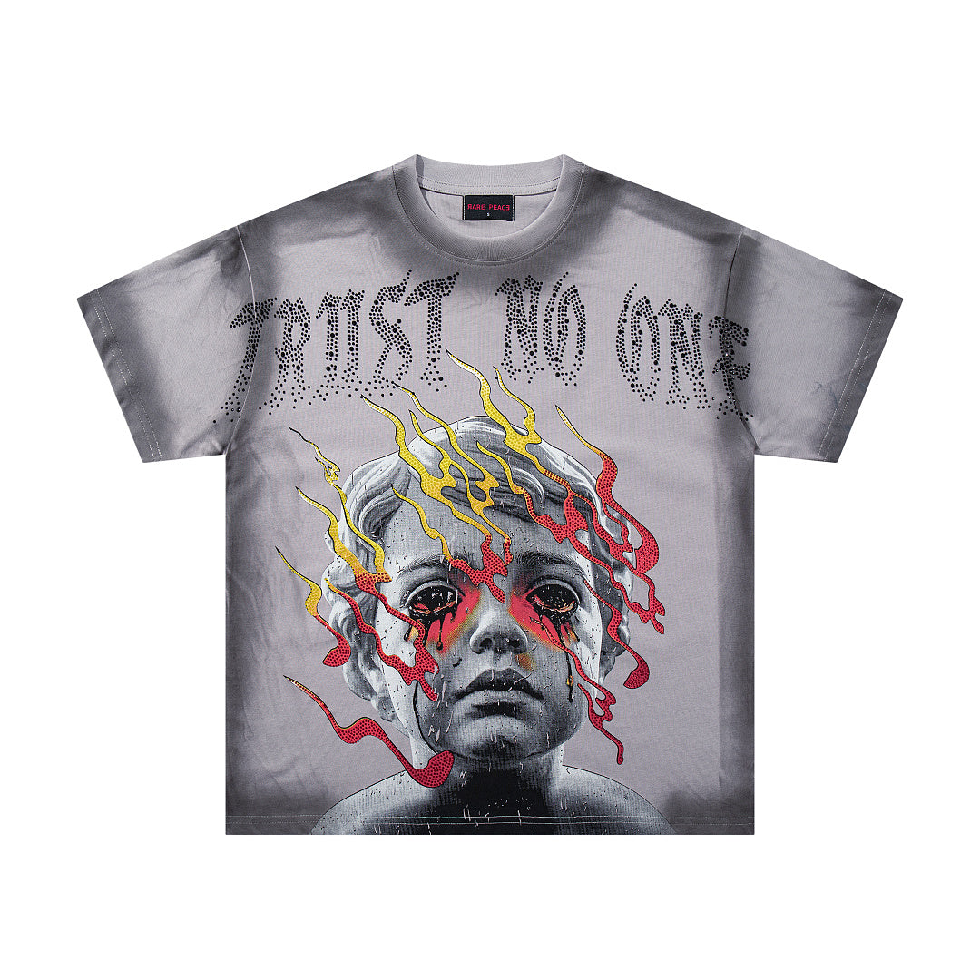 Trust No One Dark‑Age 2.0 Grey Washed Double‑Sided Graphic Print Crew‑Neck Streetwear T‑Shirt