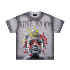 Trust No One Dark‑Age 2.0 Grey Washed Double‑Sided Graphic Print Crew‑Neck Streetwear T‑Shirt