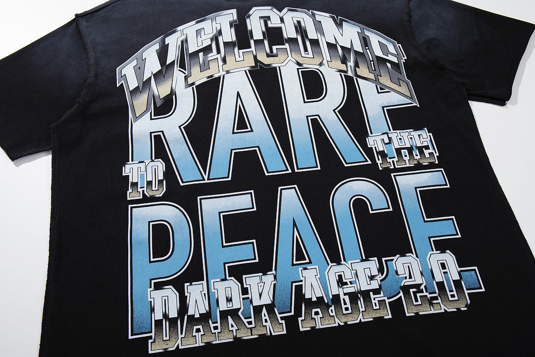 Rare Peace Black‑Washed Double‑Sided Graphic Print Crew‑Neck Streetwear T‑Shirt