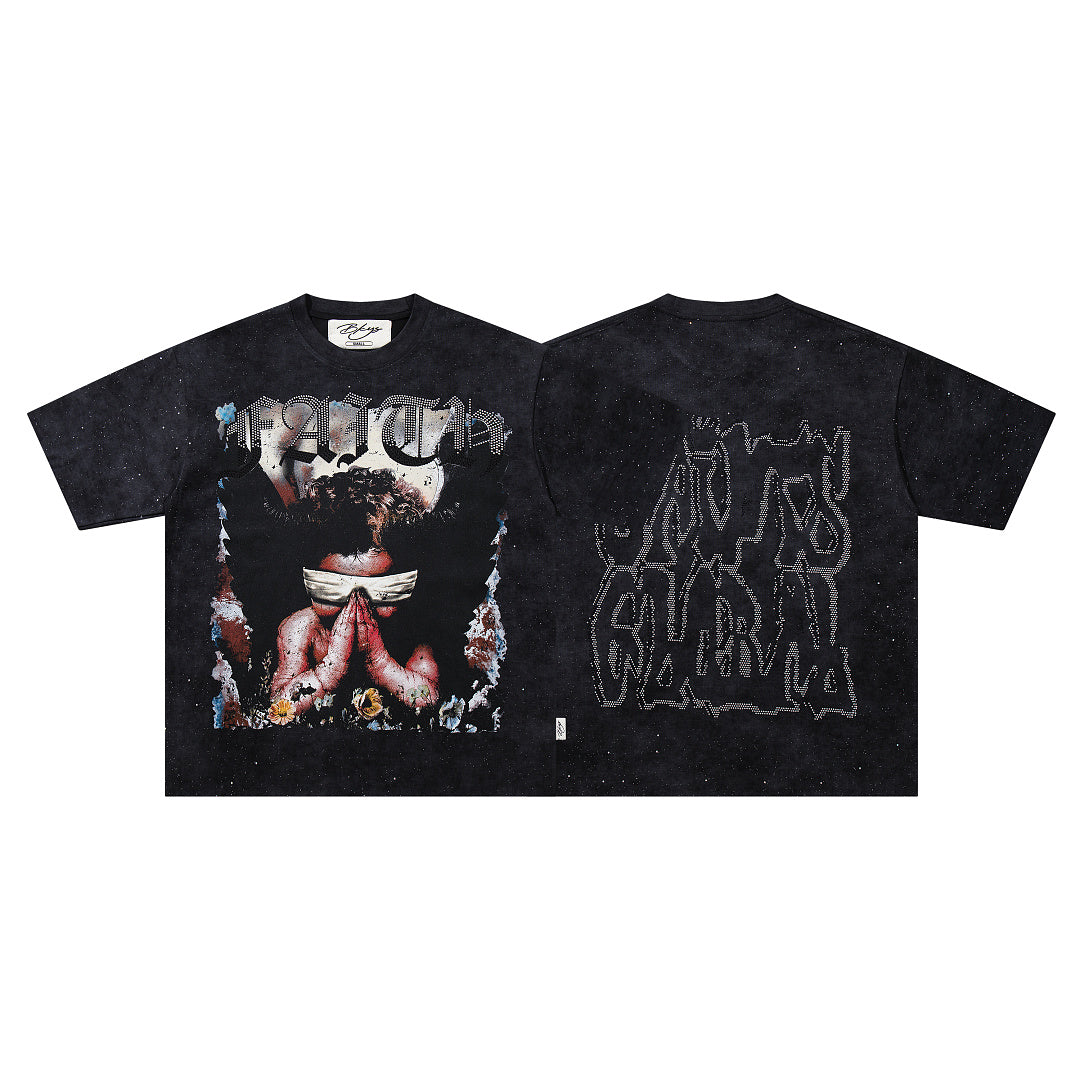 Angel Figure Dripping Letter Double‑Sided Graphic Print Crew Neck Streetwear T‑Shirt
