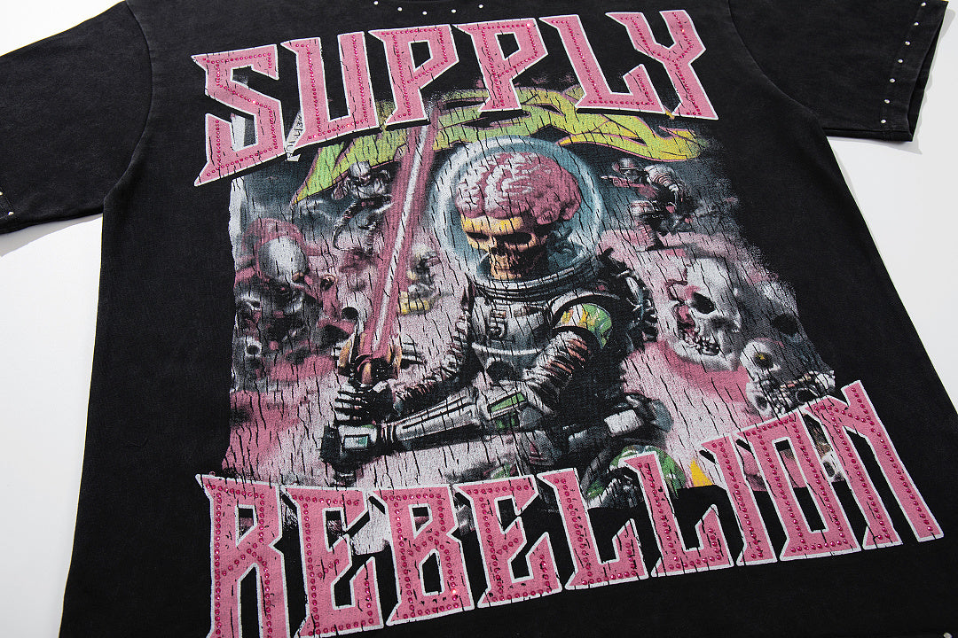 Rebel Skull Black Vintage‑Washed Double‑Sided Graphic Print Crew‑Neck Streetwear T‑Shirt