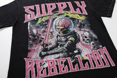 Rebel Skull Black Vintage‑Washed Double‑Sided Graphic Print Crew‑Neck Streetwear T‑Shirt