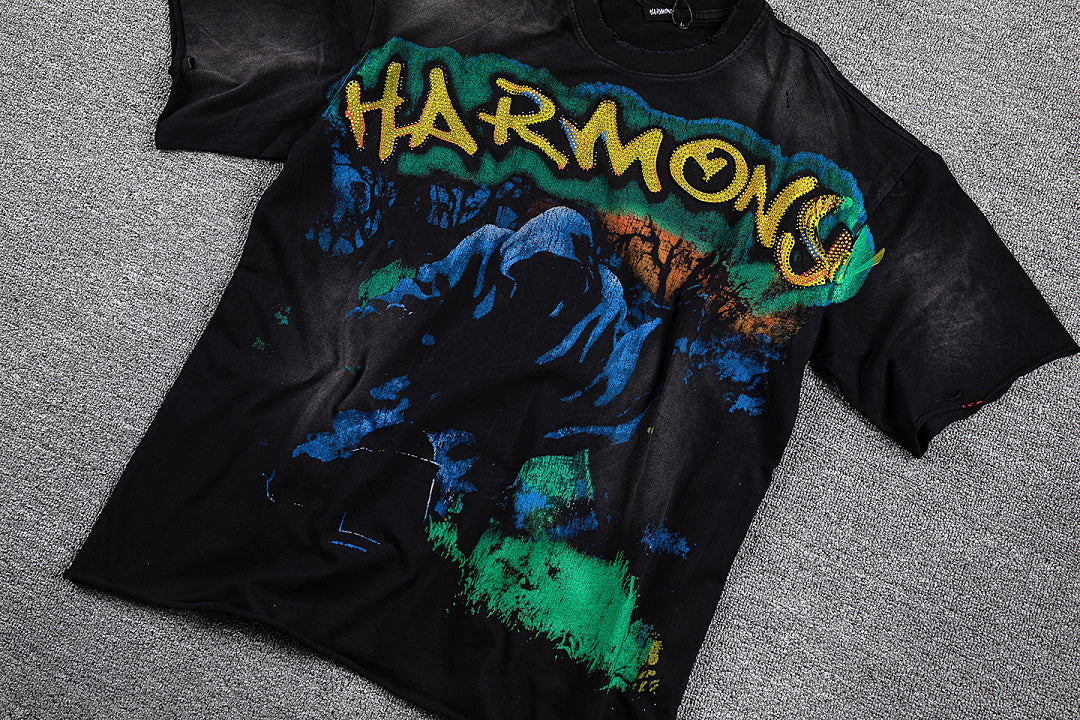 HVM Harmony Blue‑Green Tie‑Dye Double‑Sided Graphic Print Crew Neck Streetwear T‑Shirt