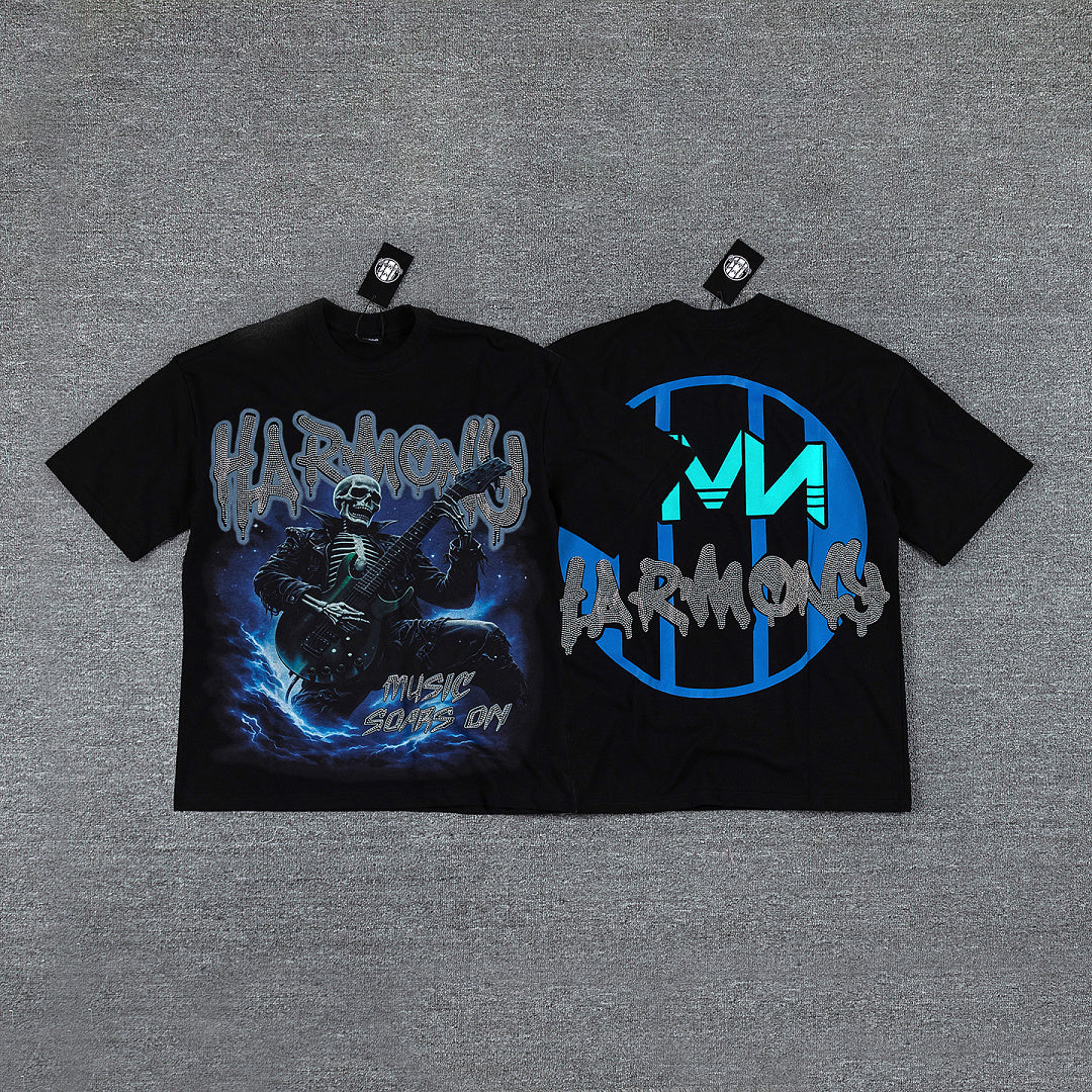 HVM Harmony Blue Thunder Figure Black Double‑Sided Graphic Print Crew Neck Streetwear T‑Shirt