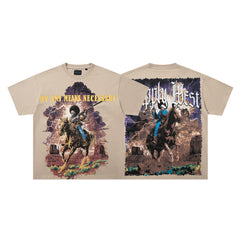 Vintage Cowboy Warrior Beige Vintage‑Washed Double‑Sided Graphic Print Crew‑Neck Streetwear T‑Shirt
