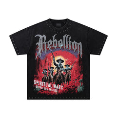 Rebellion Double‑Sided Graphic Print Black‑Washed Crew‑Neck Streetwear T‑Shirt