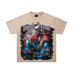 Grim Reaper Skeleton Beige Vintage‑Washed Double‑Sided Graphic Print Crew‑Neck Streetwear T‑Shirt