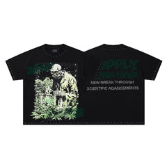 Green Skull Warrior Black Vintage‑Washed Double‑Sided Graphic Print Crew‑Neck Streetwear T‑Shirt